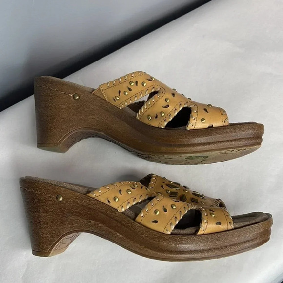 EASY SPIRIT Melinka Sandals Tan Cutout Leather Slide Brass Platform Size 7.5 - Picture 5 of 10